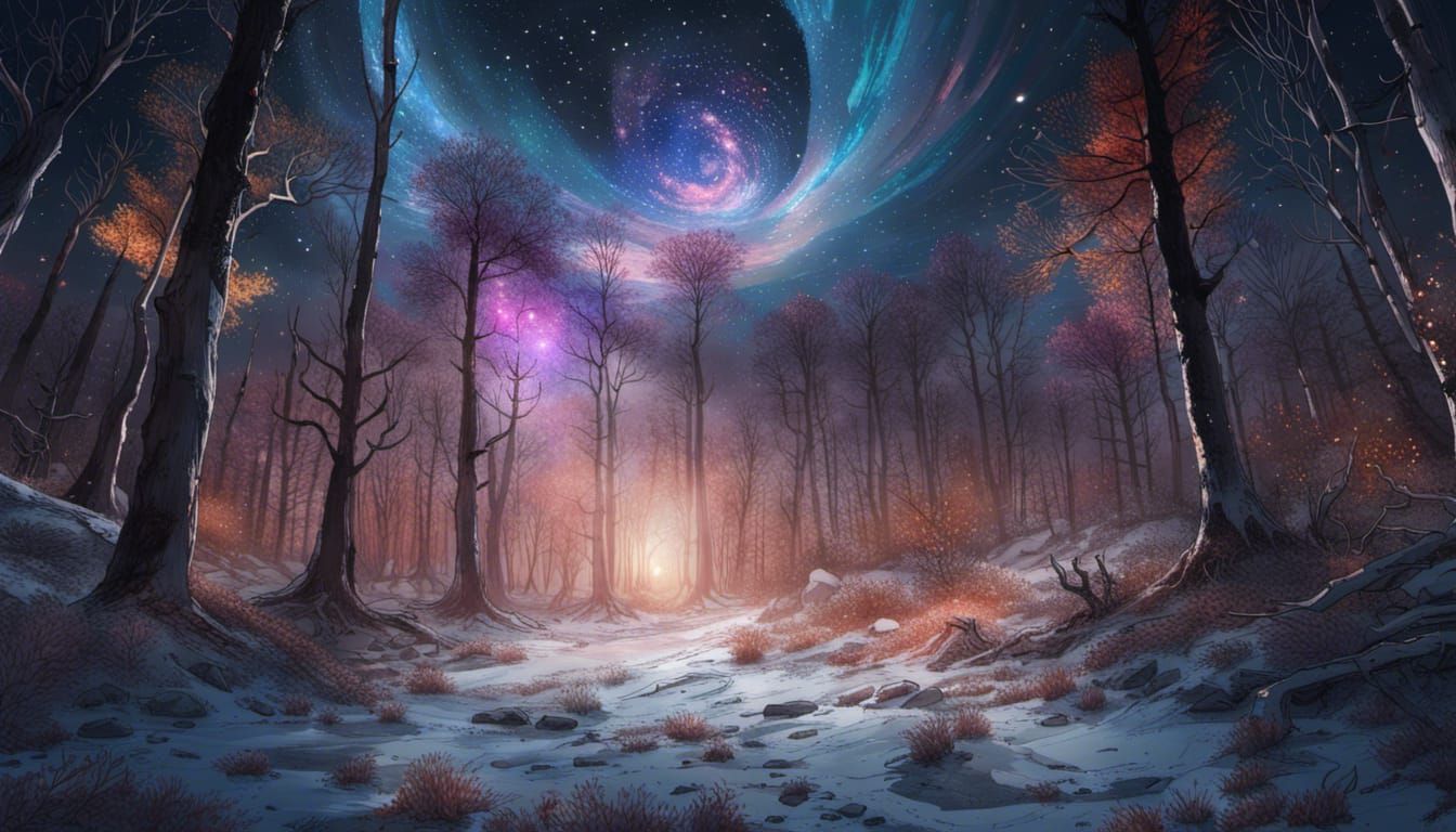 Detailed Night Sky Over Winter Forestscape
