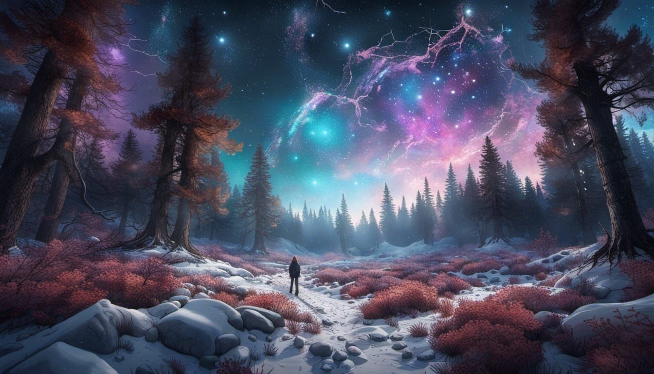 Detailed Night Sky Over Winter Forestscape