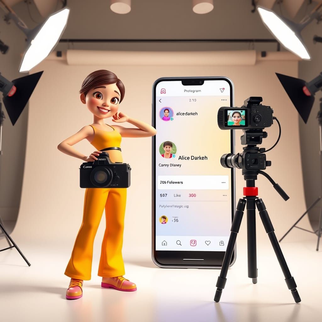 Female Character Posing with Giant Smartphone in Pixar Style