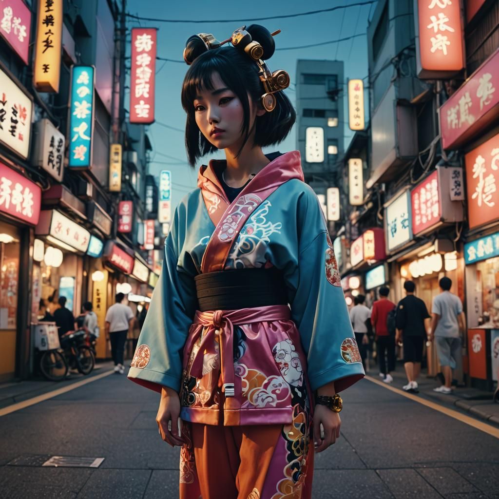Robotic Geisha on Retro Tokyo Street in Anime Style