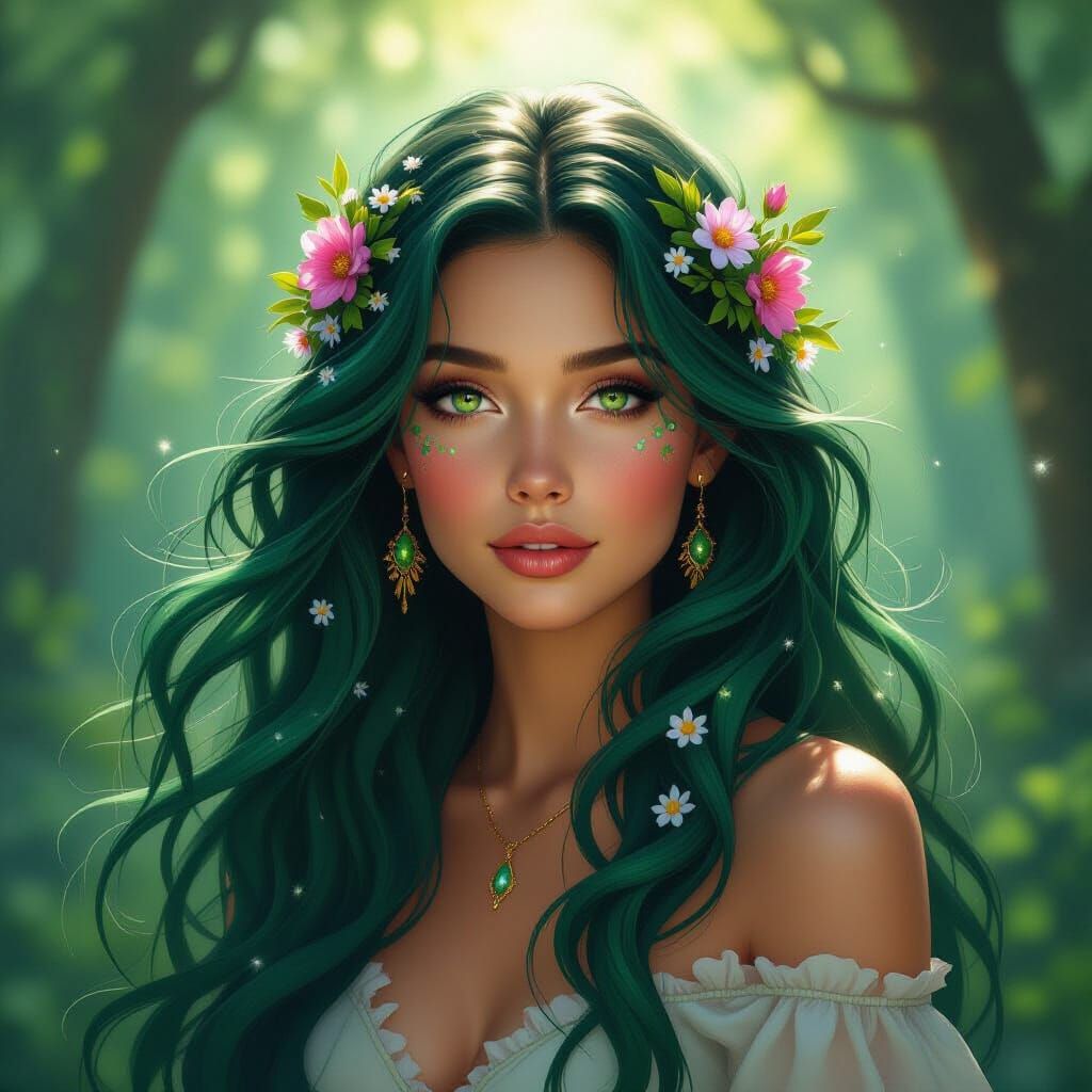 Emerald Haired Nymph in Sun-Dappled Forest, Digital Painting