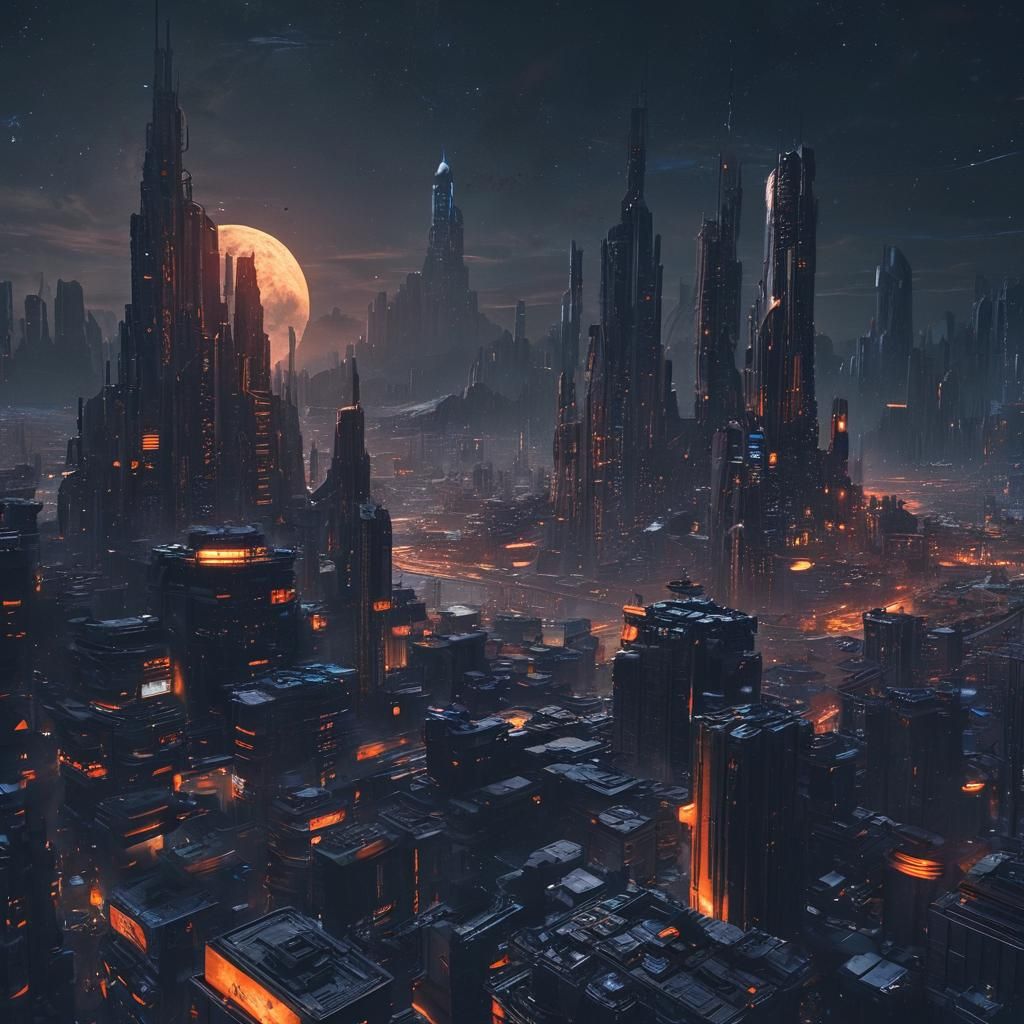 Cyberpunk Cityscape on Moon in Matte Painting Style