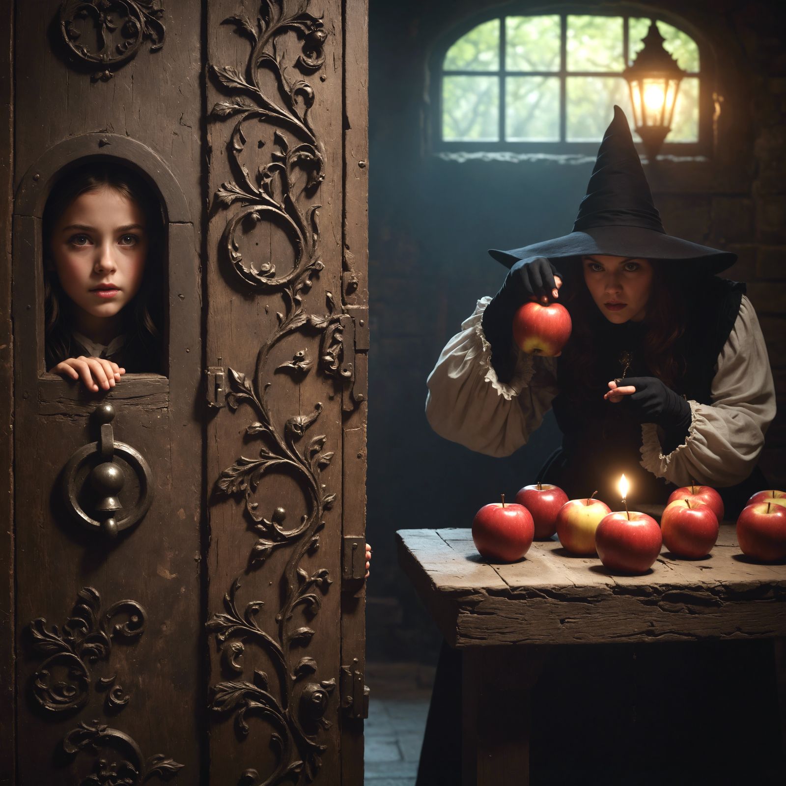Girl Peeks at Witch Poisoning Apples
