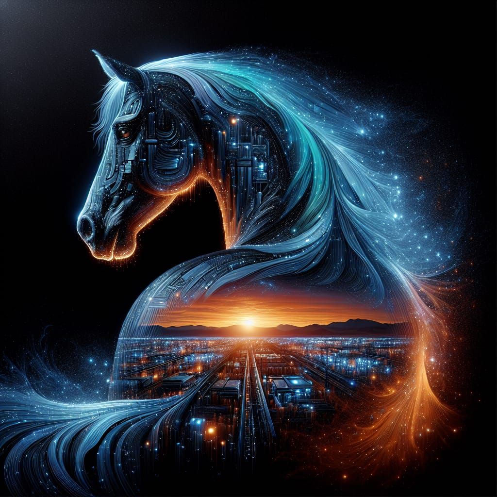 Bioluminescent Stallion Double Exposure: Surreal Tech Sunset