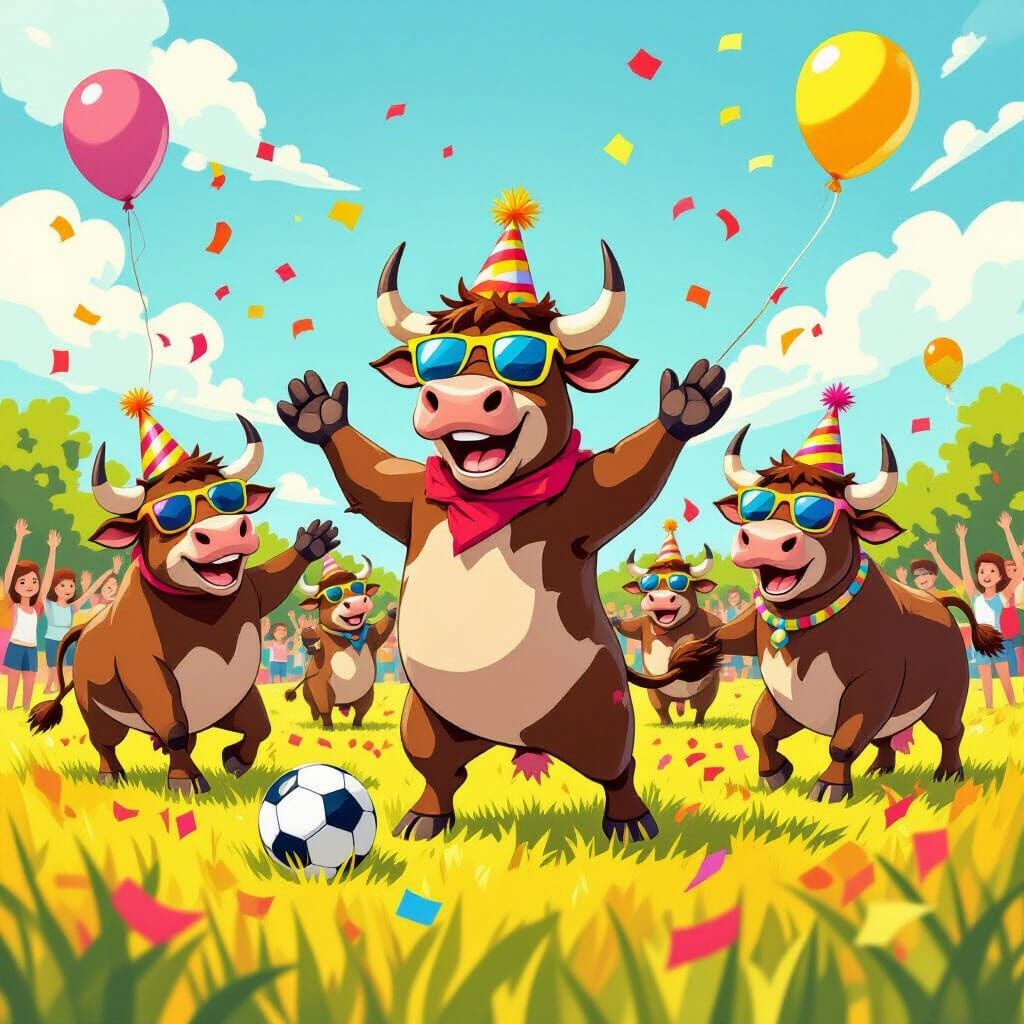 Cartoon Bulls Party in Sunny Field