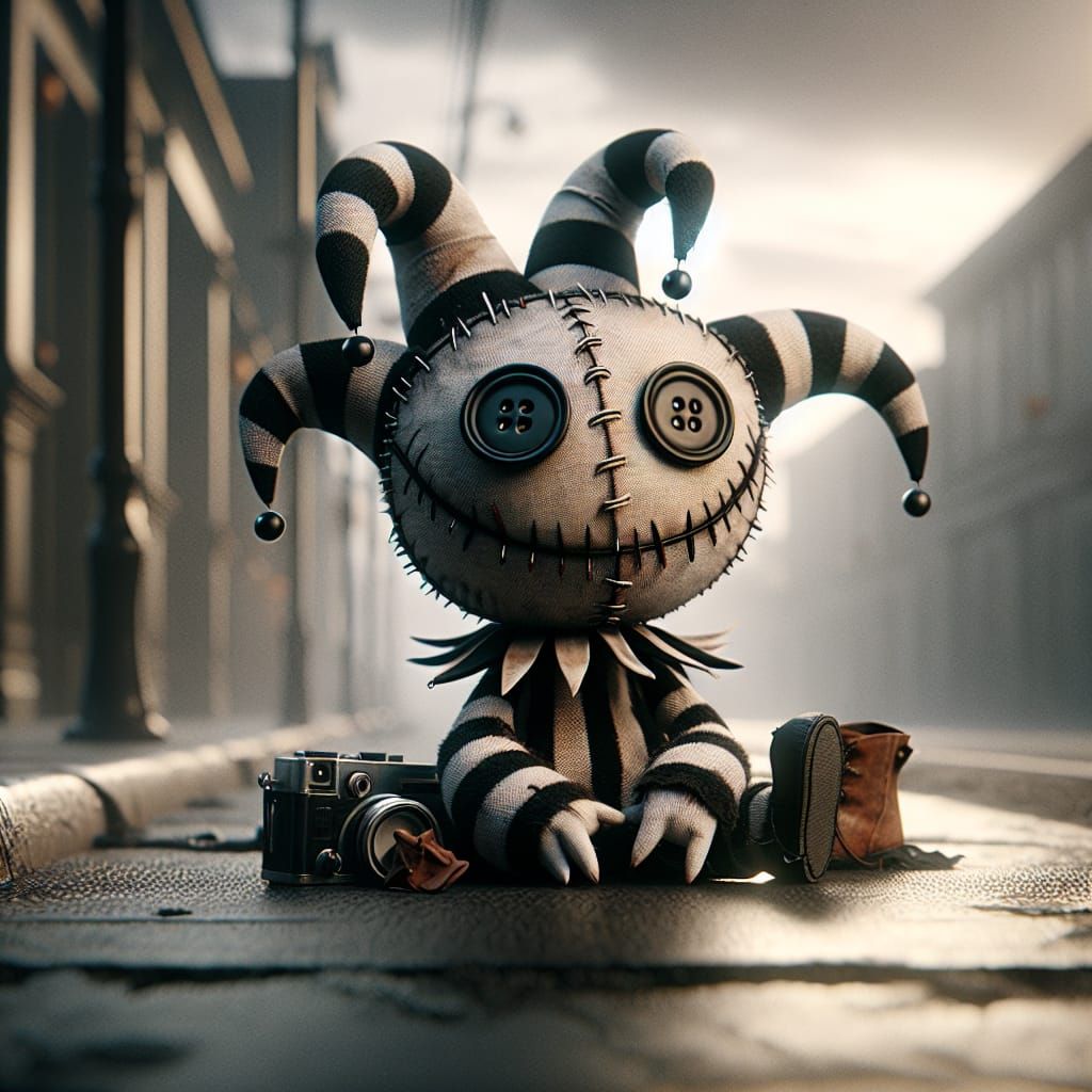 Whimsical Black and White Jester Sits on a Moody Sidewalk