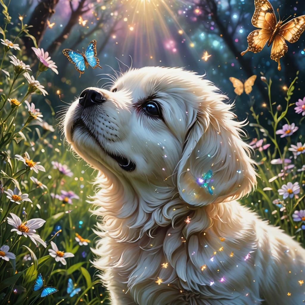 Sparkly Puppy and Butterfly in Enchanted Meadow