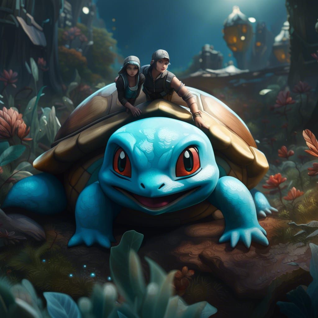 Squirtle Being Petted: Detailed Matte Painting