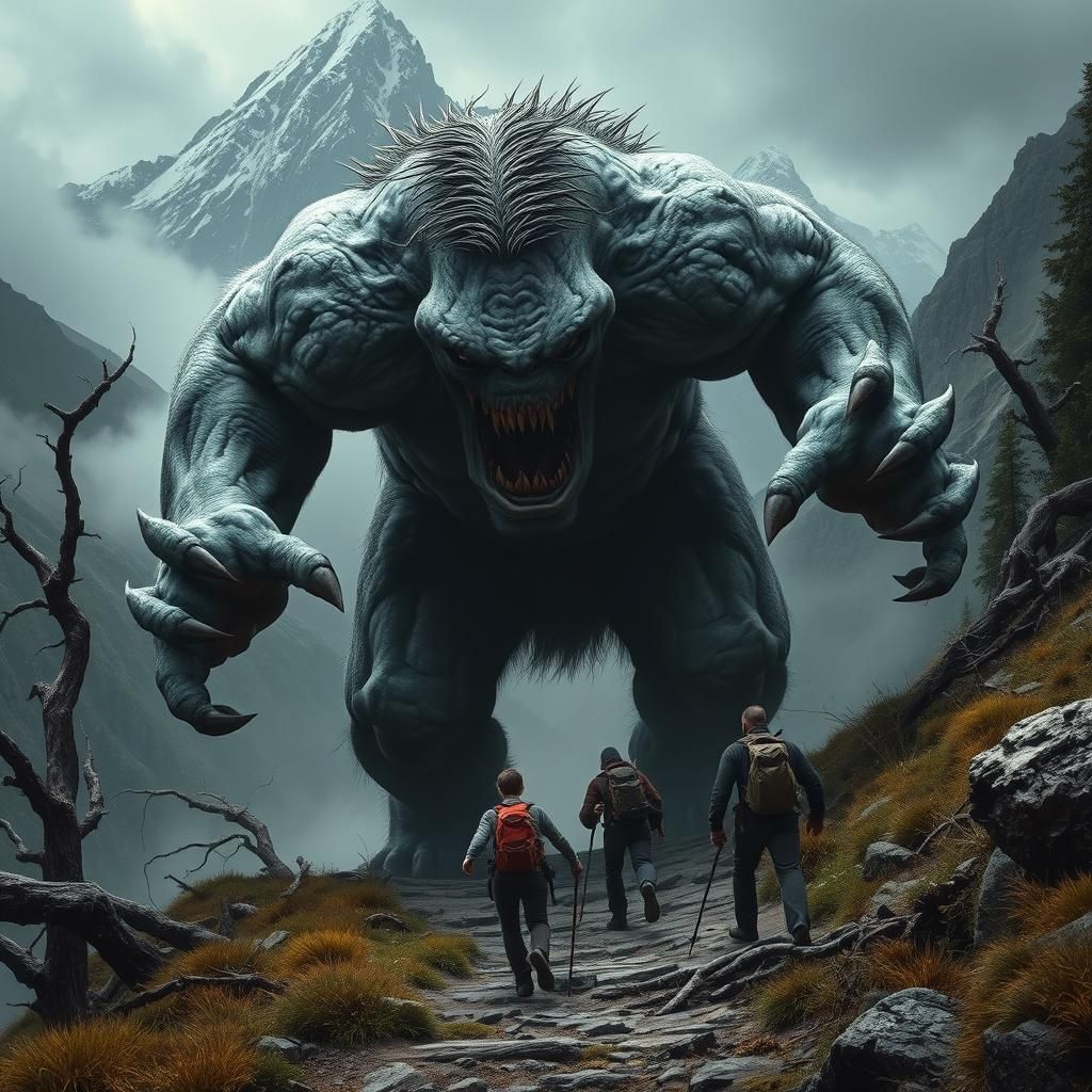 Grotesque Mountain Troll Chasing Hikers in a Sinister Wilder...