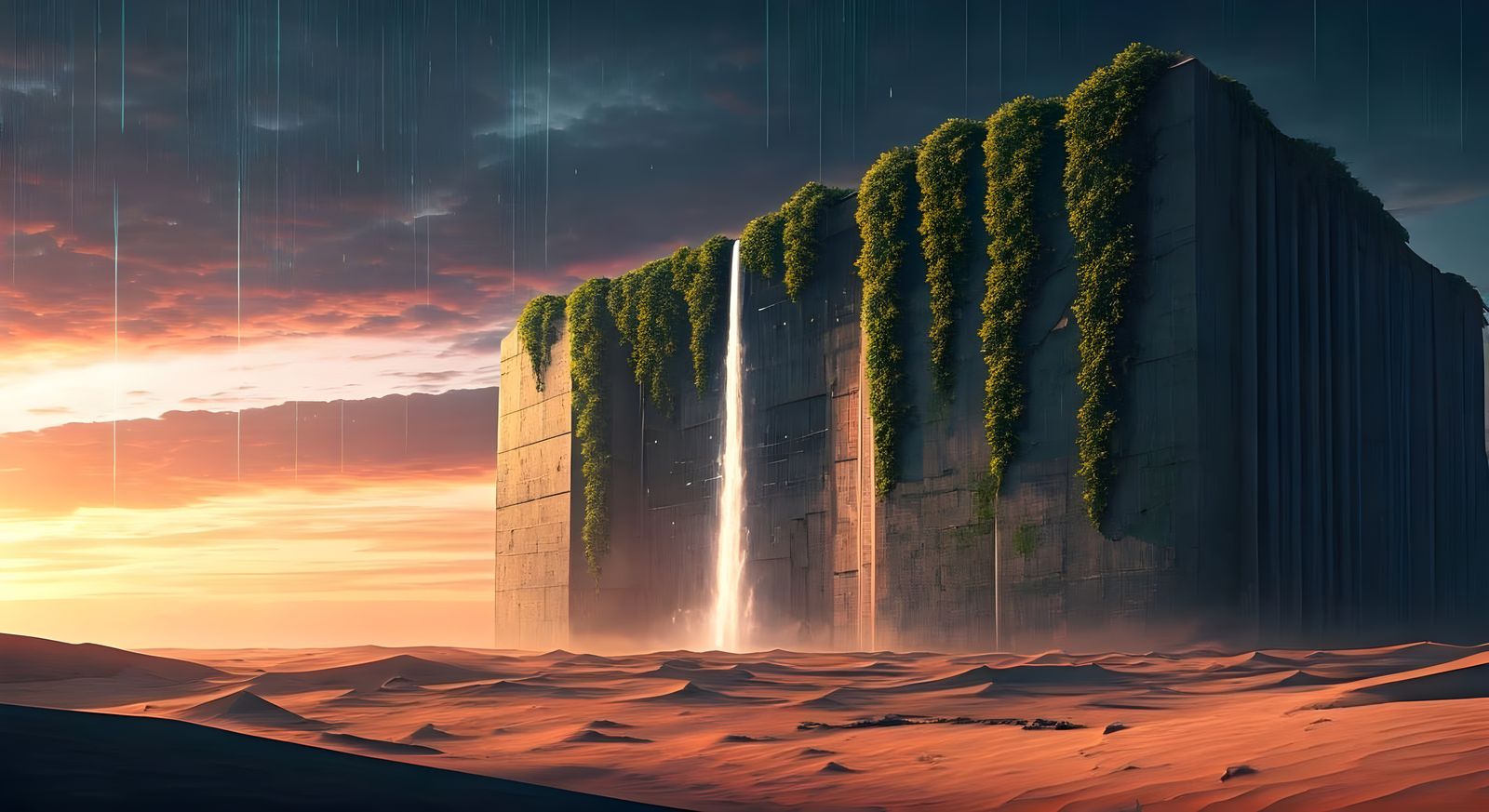 Surreal Concrete Oasis in a Desert Vastness at Night