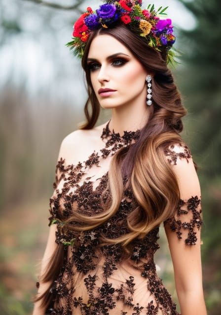 Detailed Portrait of Woman with Flowers and Tattoos