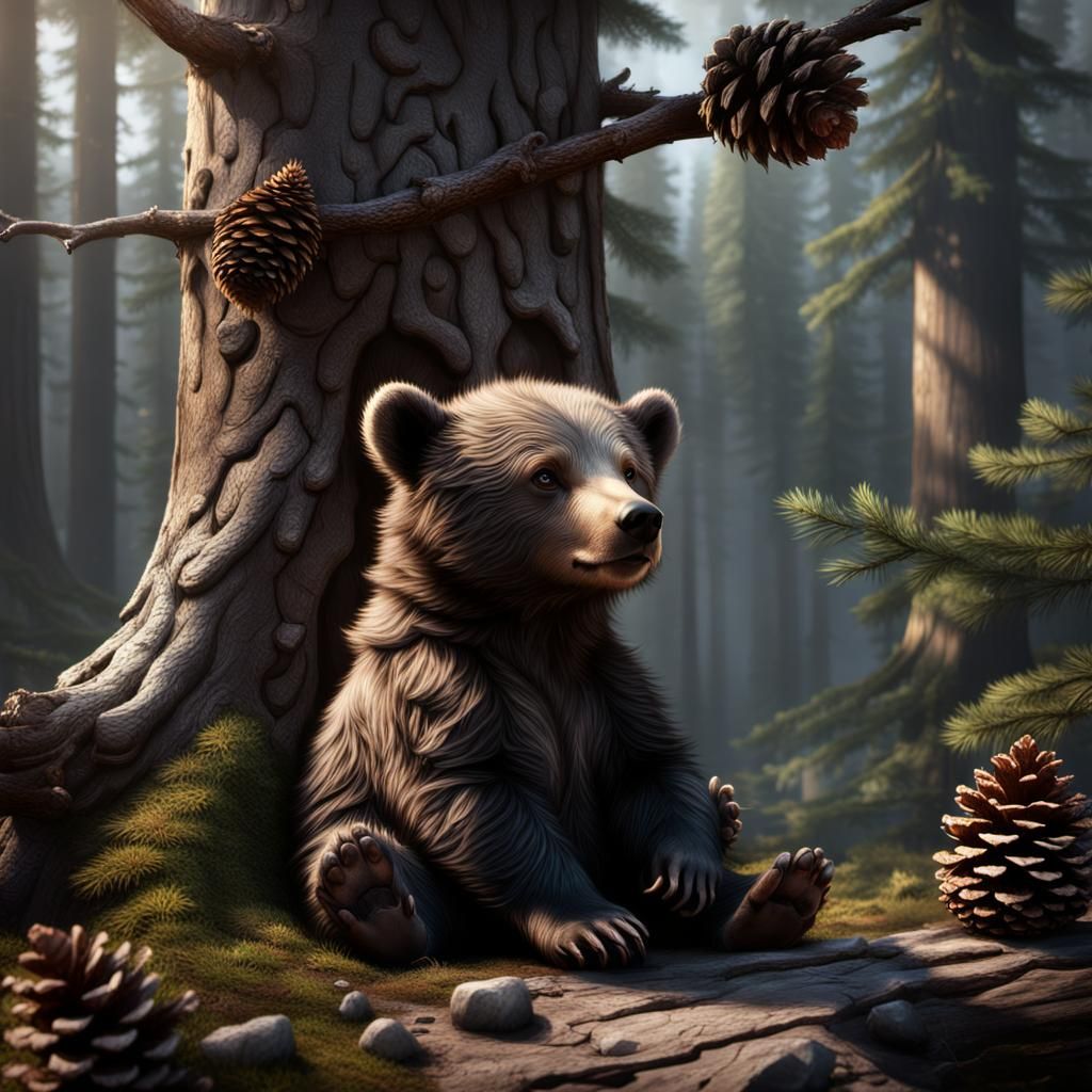 Baby Bear Cub Waiting in Forest Clearing