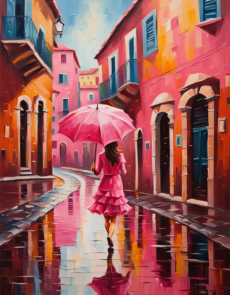 Whimsical Woman in Mediterranean Town, Impasto Oil Painting