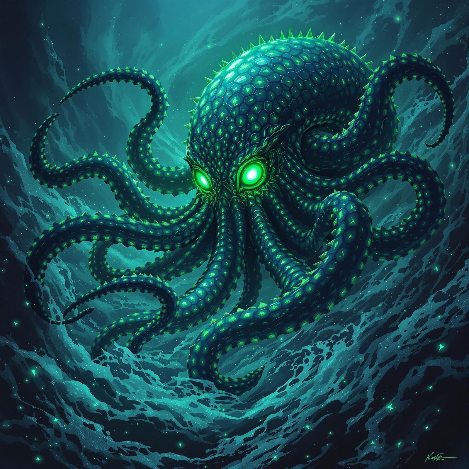 Dieselpunk Kraken Rising from Bioluminescent Depths