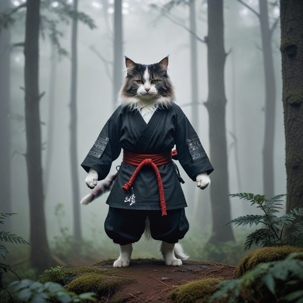 Ninja Cat Stands Guard in Misty Forest