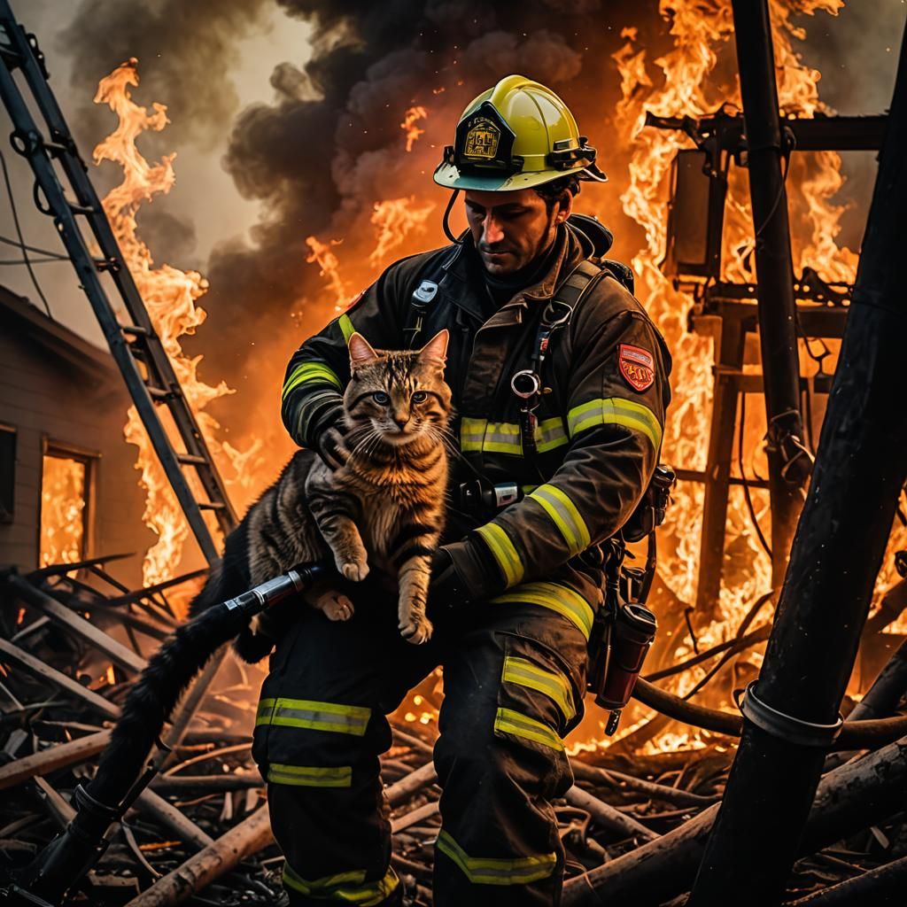 Firefighter Rescues Cat: Heroism in Fiery Dusk