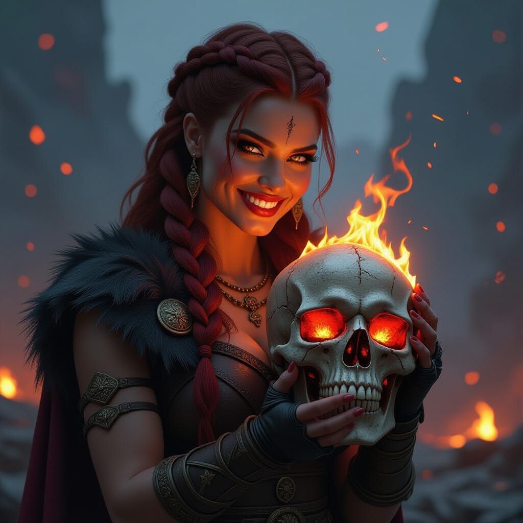 Viking Warrior Woman With Fiery Eyes Holding Skull