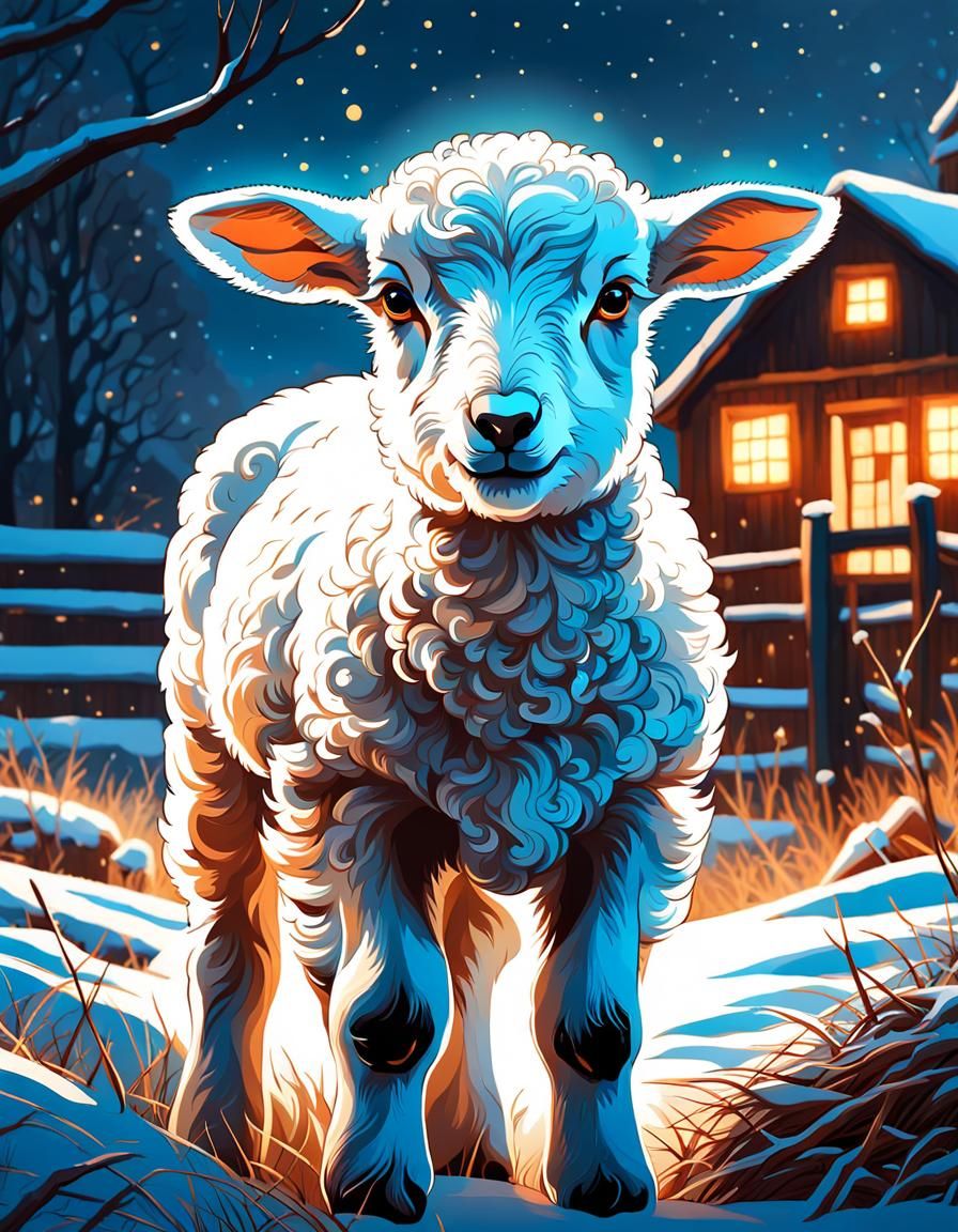 Glowing Lamb Portrait on Winter Farm, Digital Art