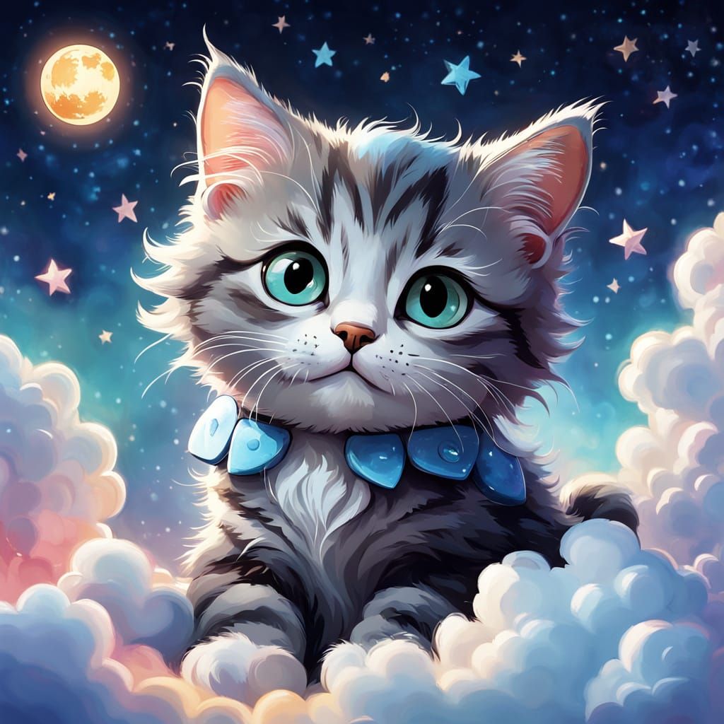 Cute Kitten on Cloud in Disney Style