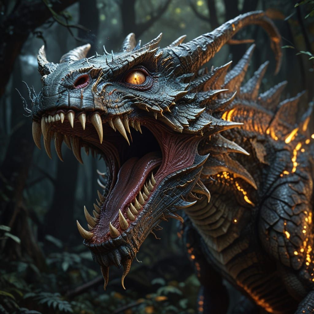 Fantasy Jabberwocky Unleashes Roar in Dark Forest