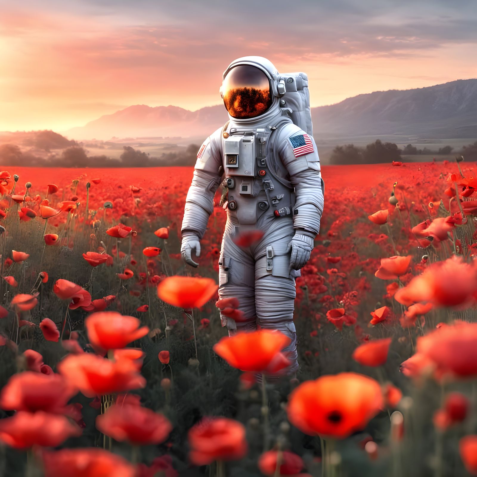 Astronaut Standing on a Field of Poppies in Realistic Light