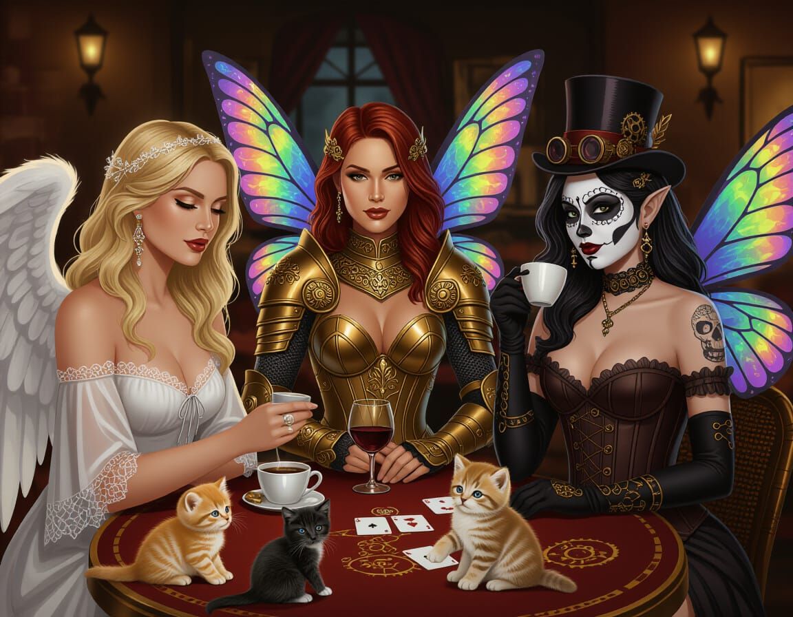 Fantasy Women's Card Game in French Cafe
