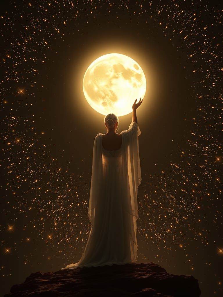 Moon Goddess Holding the Moon in a Starry Sky