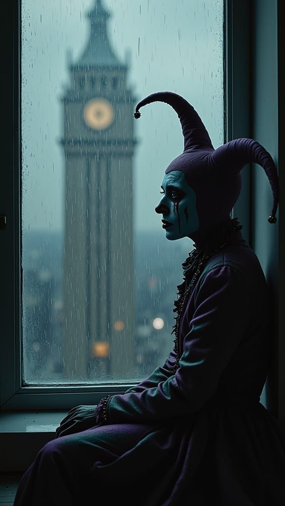 Melancholy Harlequin at Window, Glitter Tears, Gothic Citysc...