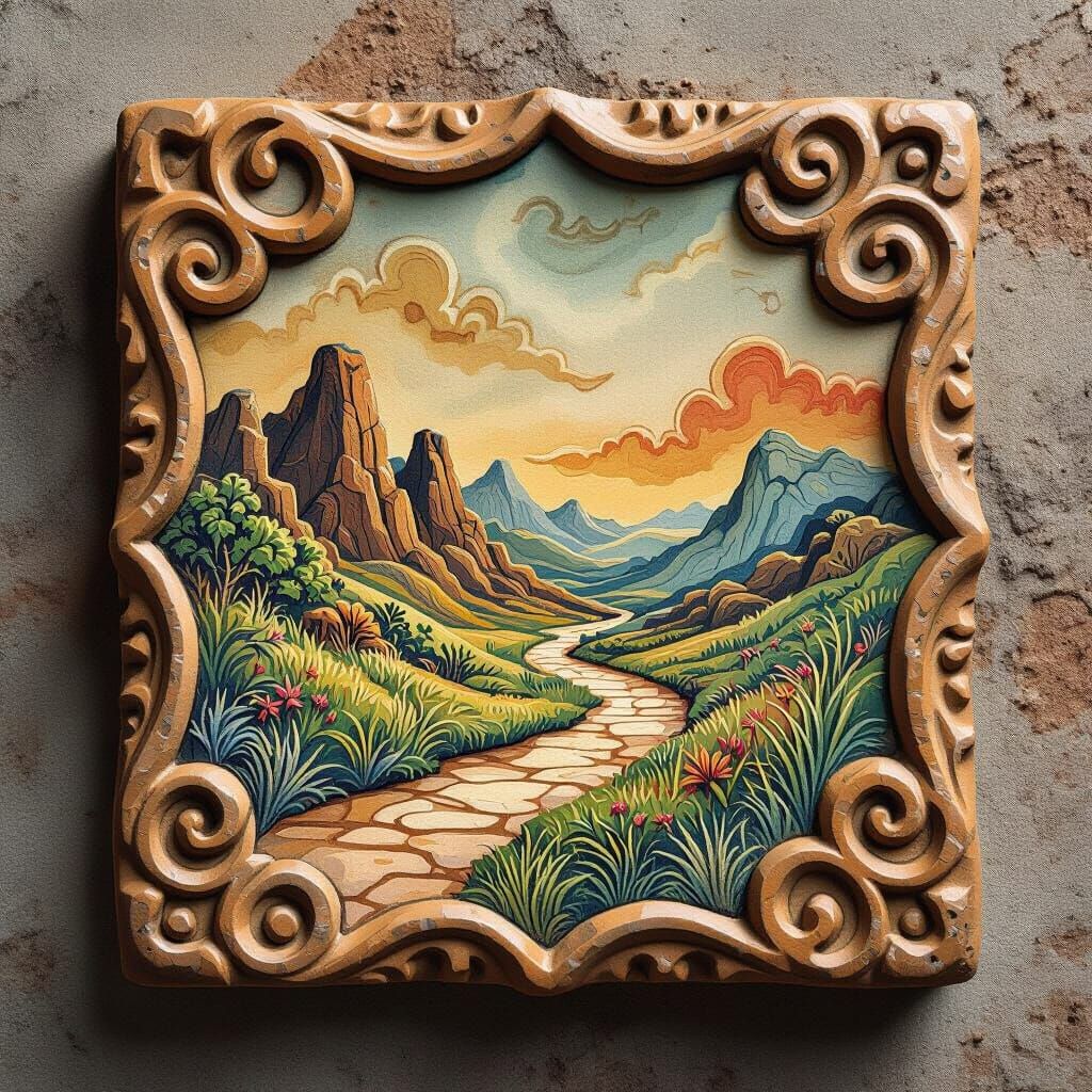 Earthenware Tile Landscape in Detailed Matte Painting Style