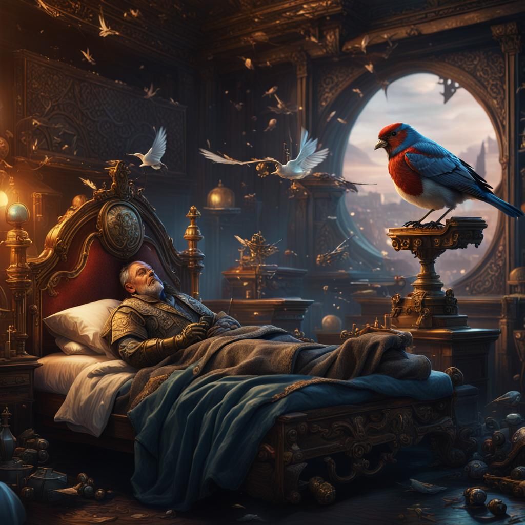 King with Broken Robot Bird, Matte Painting
