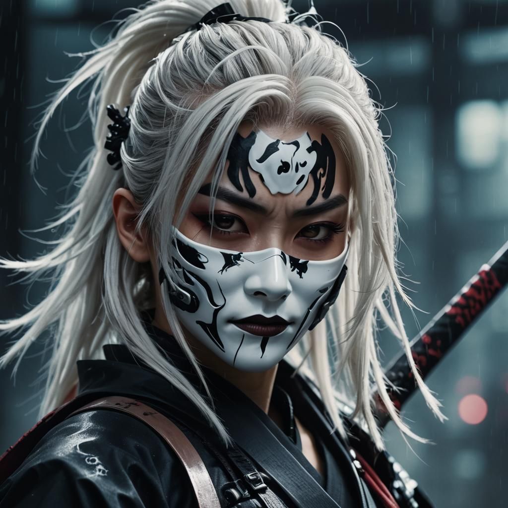 Cyberpunk Ninja Samurai with Katana in Neon City