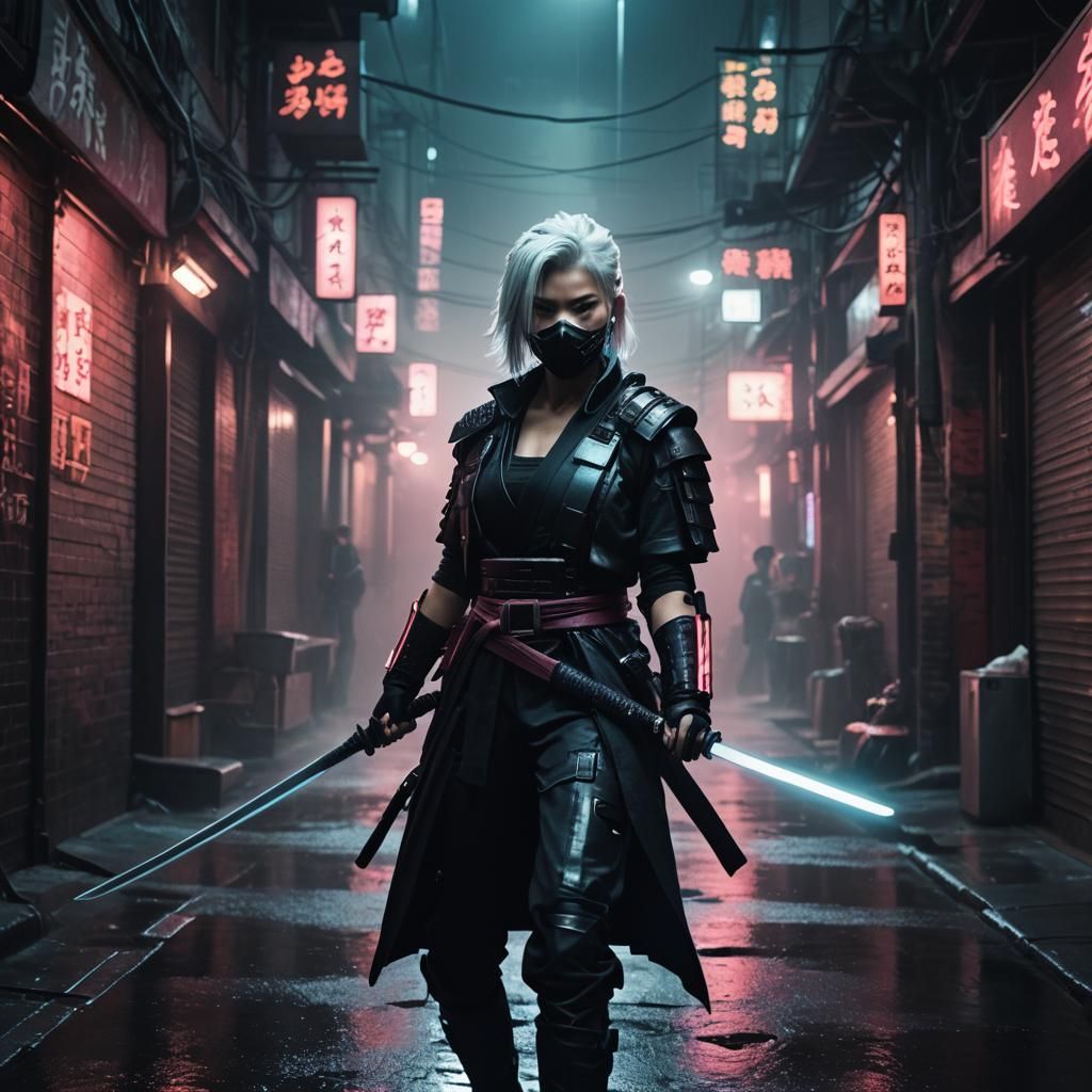 Cyberpunk Ninja Samurai in Noir Cityscape