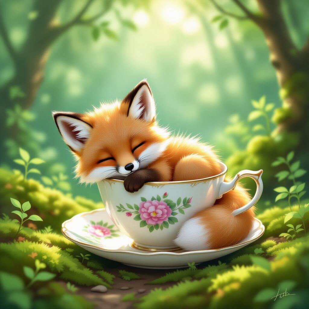 Kawaii Fox Cub Sleeping in Teacup