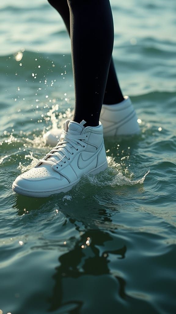 Man Stands on Water in Nike Shoe, Cinematic Style