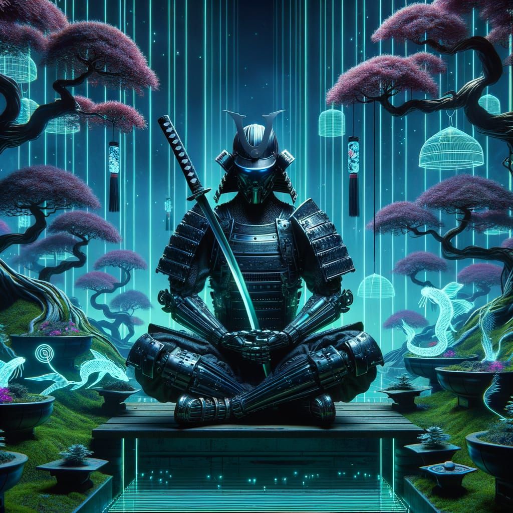 Gothic Samurai in Cyberpunk Garden