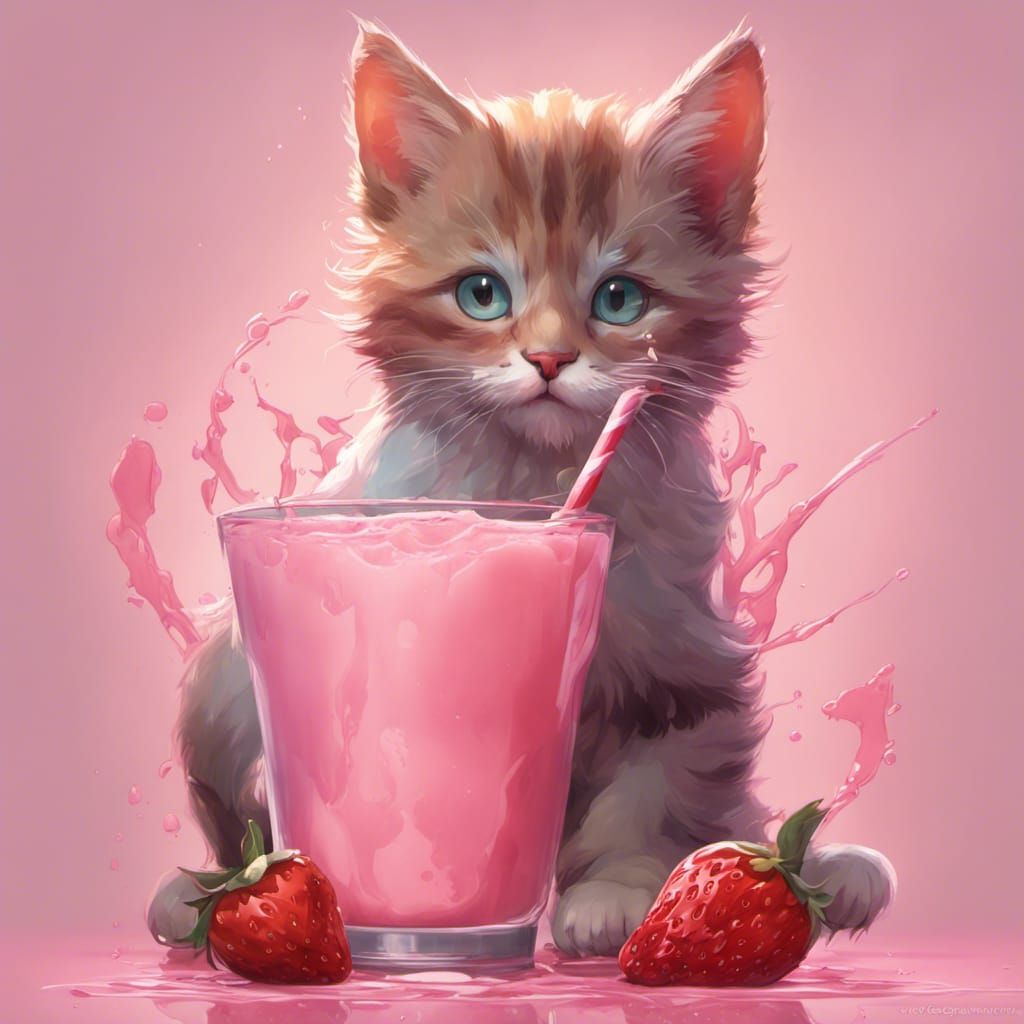 Kitten Drinks Strawberry Milk: Romantic Portrait
