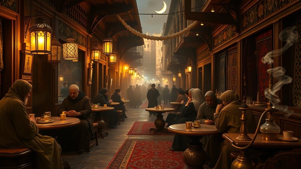 A smoky street café in 1500s Baghdad, alive with the rich ar...