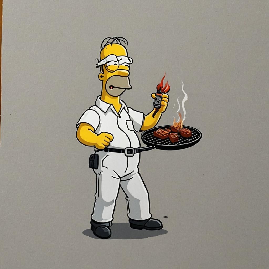 Homer Simpson using a barbecue.
