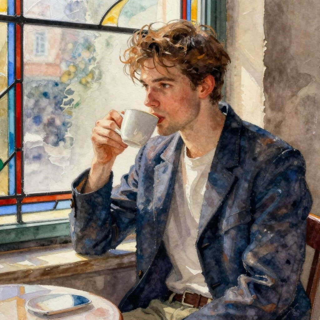 Dashing Man Sips Coffee By Stained Glass Window