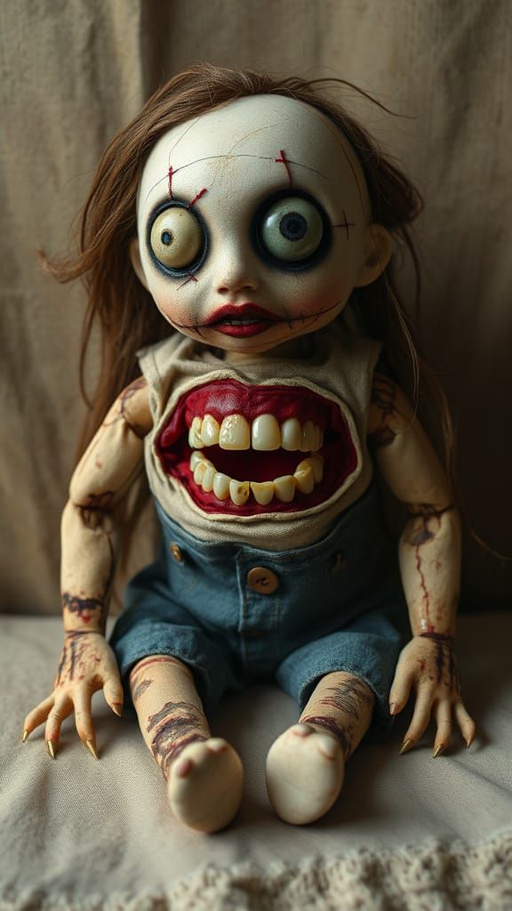 Creepy Stitched Doll with Mismatched Eyes and Limbs
