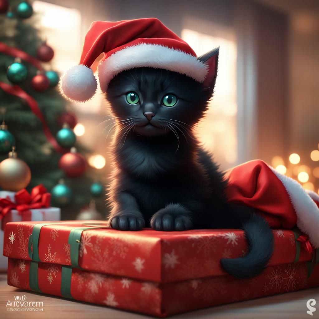 Cute Kitten in Santa Hat Christmas Art