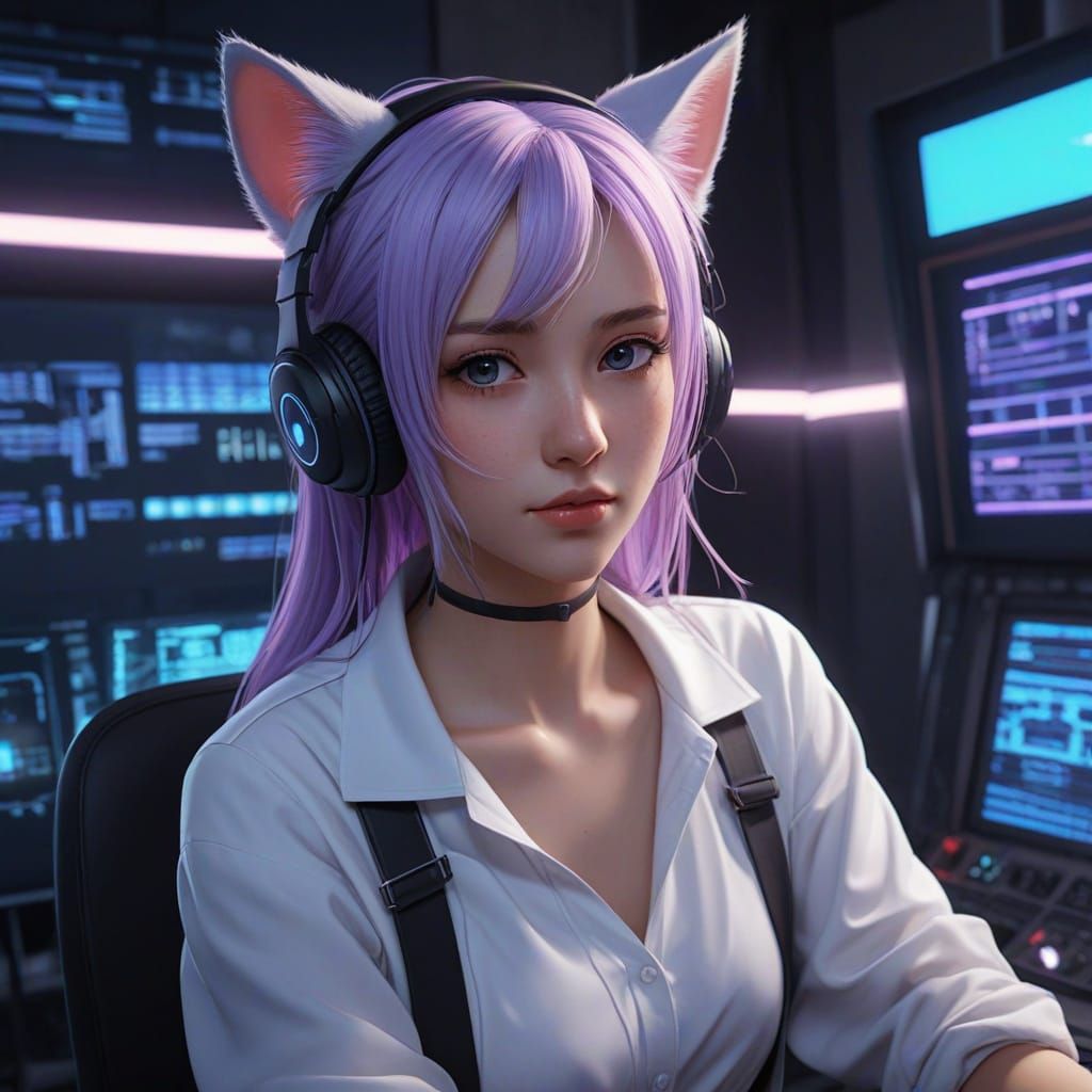 Anime Girl with Lavender Hair and Cat Ears at Control Panel