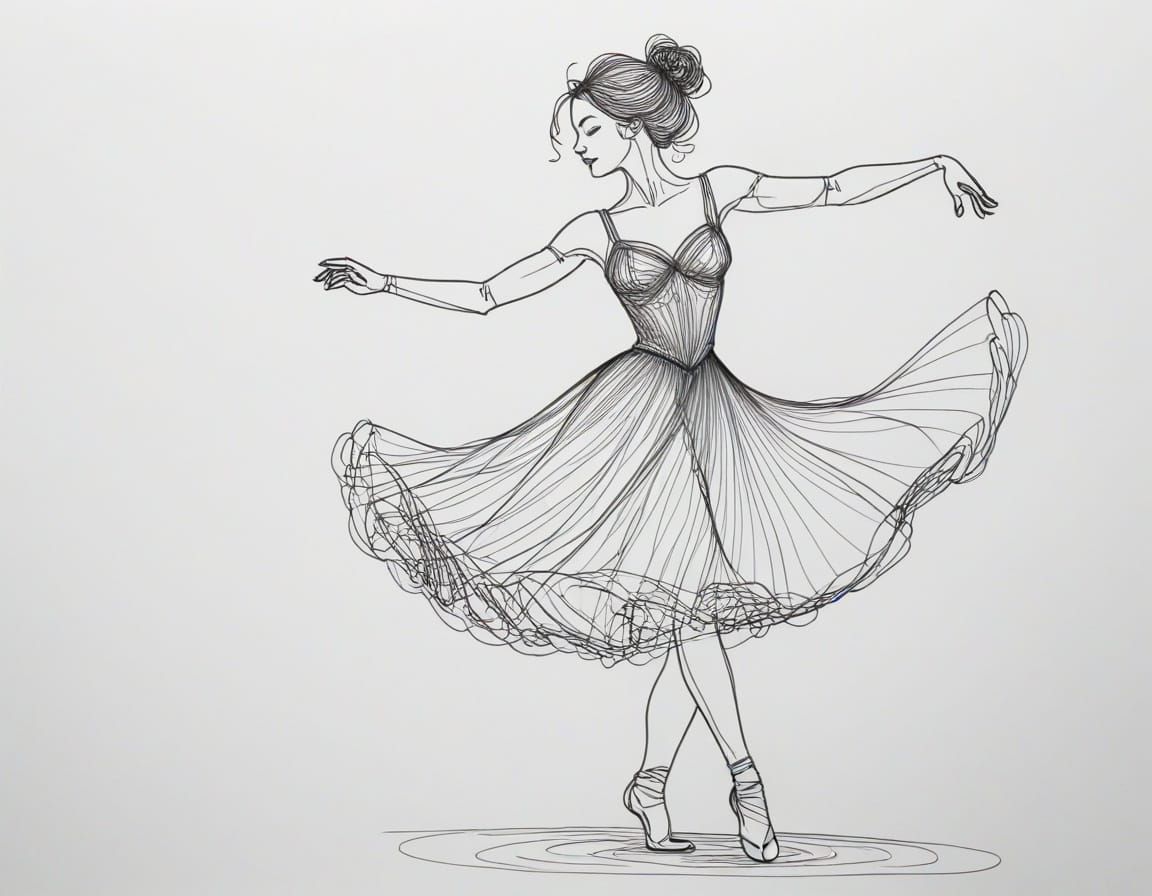 Whimsical Woman Dancing in Continuous Line Drawing Style