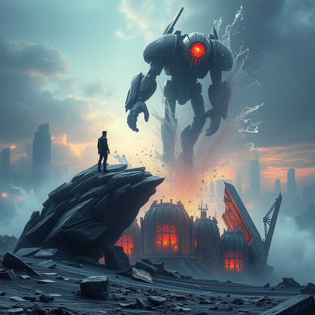 Dystopian Robot Invasion: Man Stands Amidst Shattered Dome a...