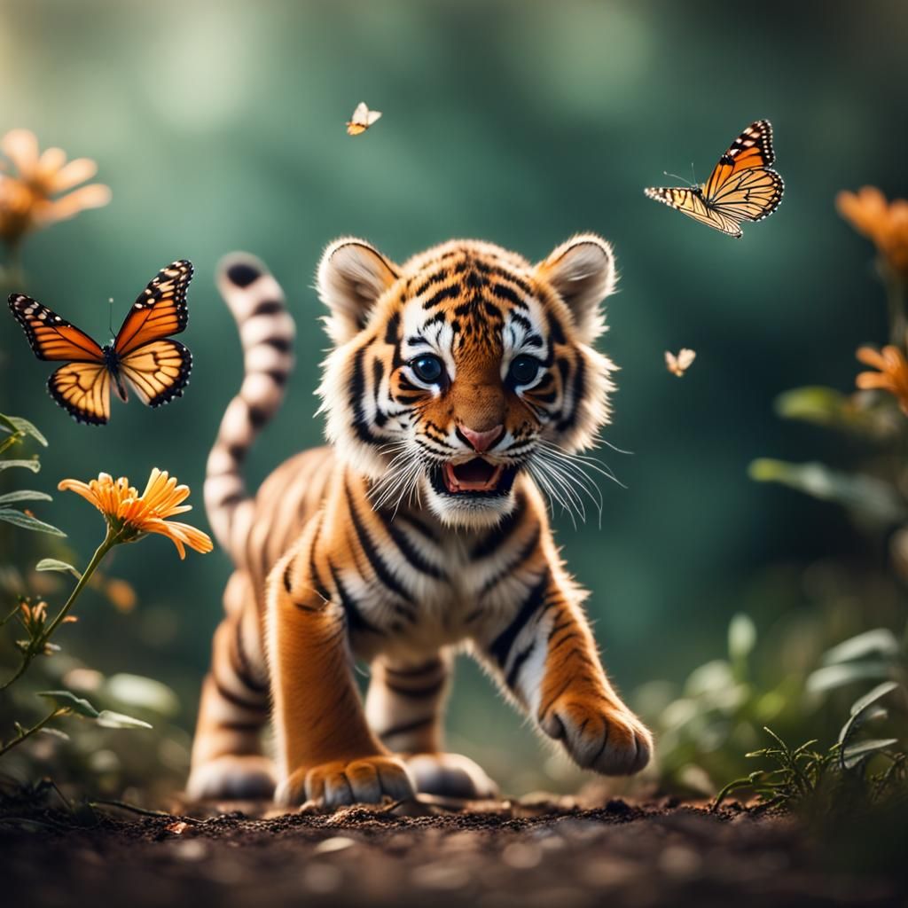 Cute Baby Tiger Chasing Butterfly: Professional Photo