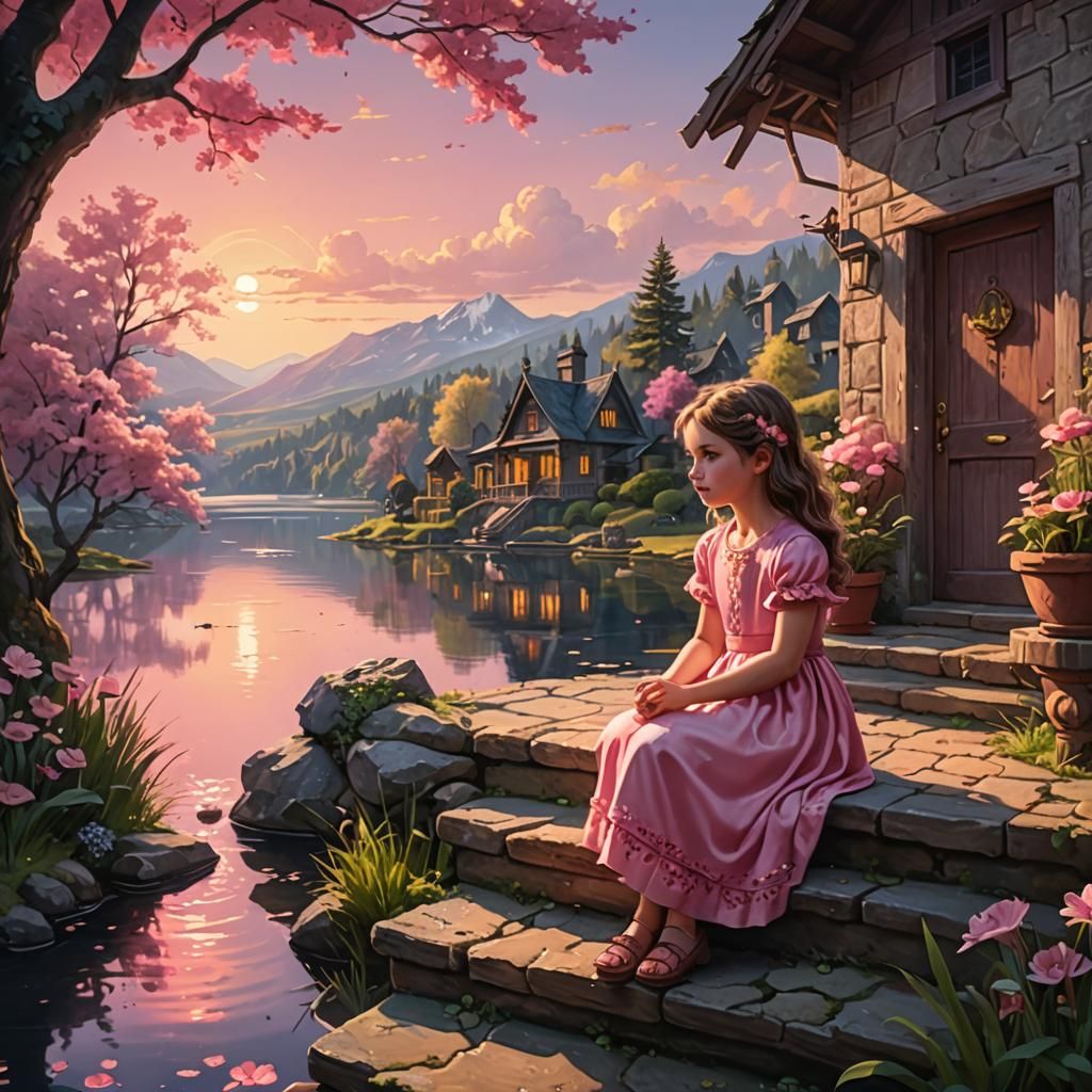 A little girl in a pink dress sits on the steps of a house