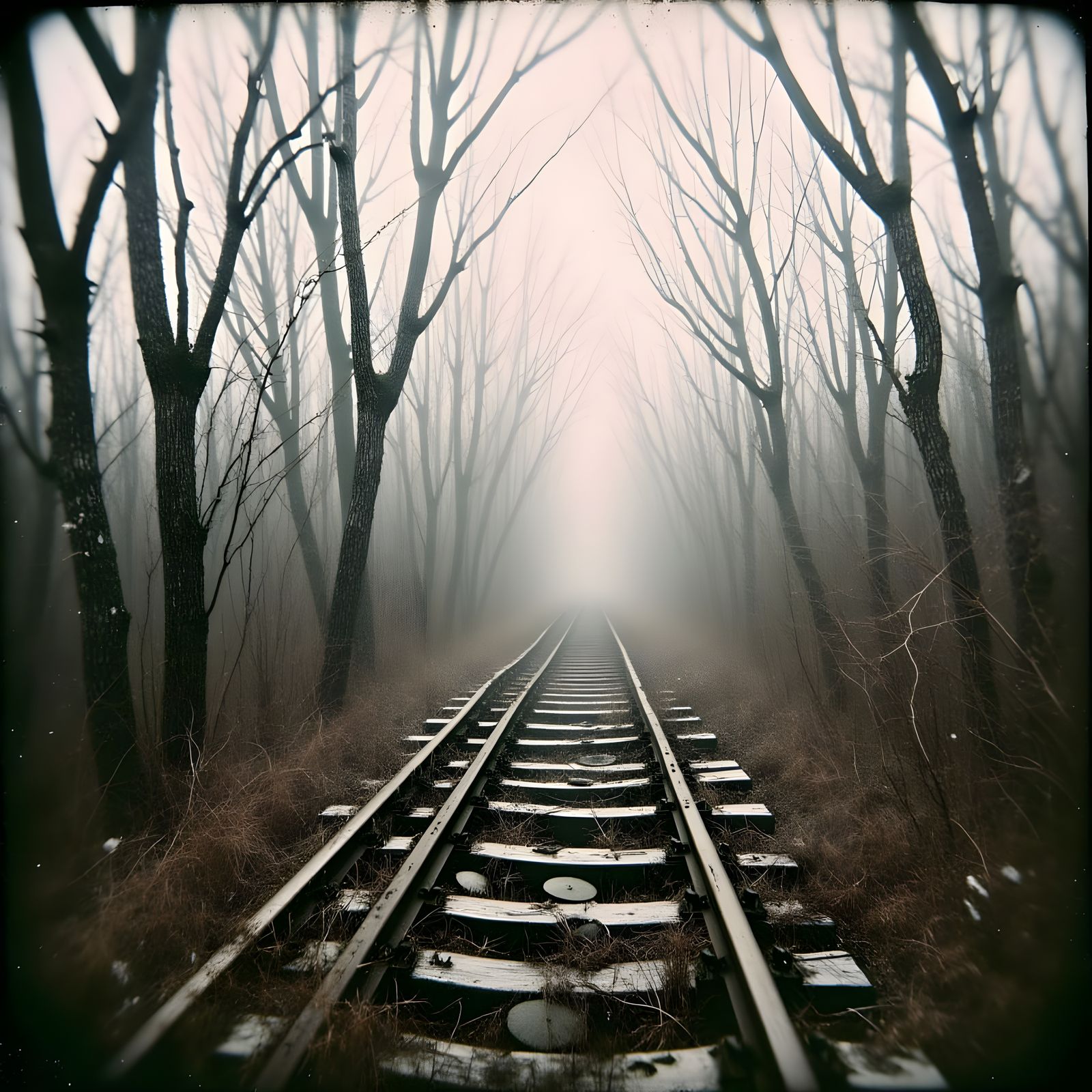 Dense Winter Landscape with Foggy Rails