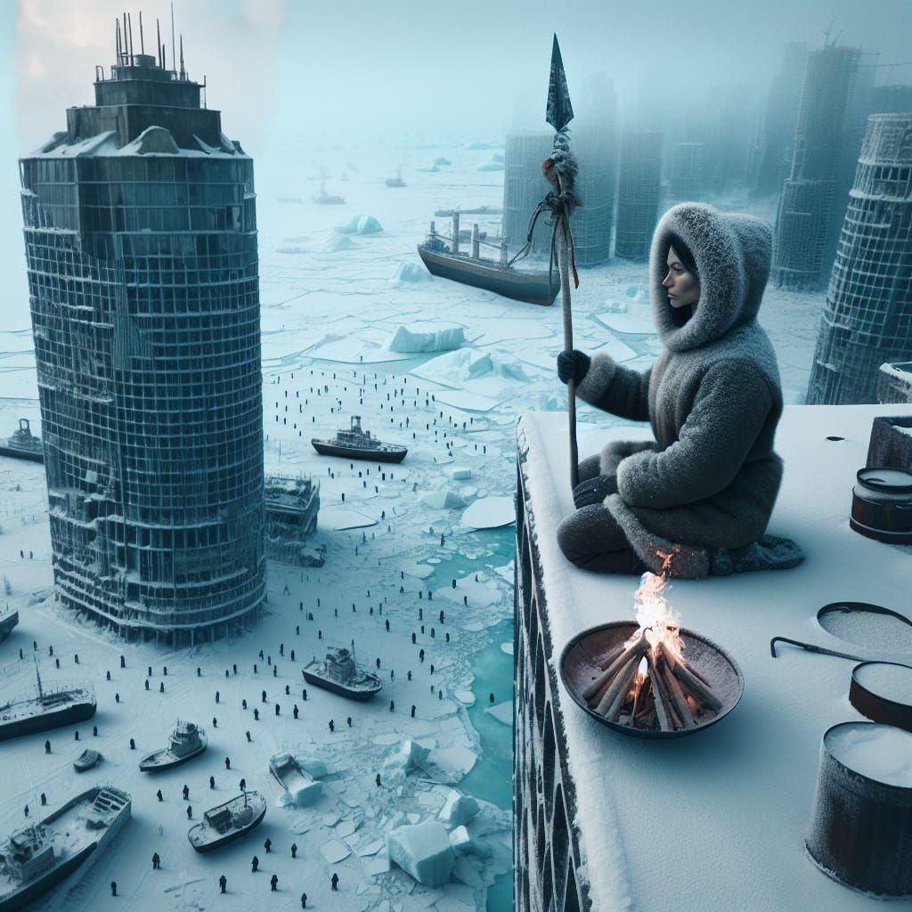 Dystopian Future: Inuit Woman Meditates Above Frozen Wastela...