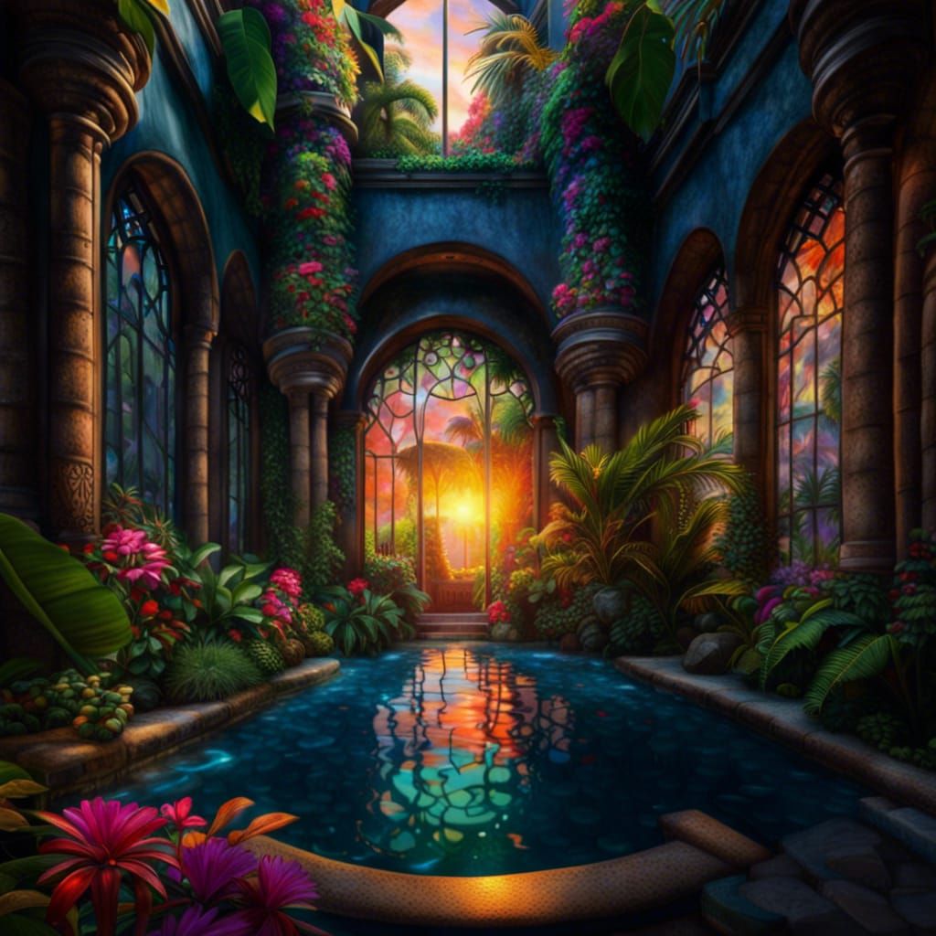 Hyperrealistic Jungle Castle Atrium with Waterfall Lagoon