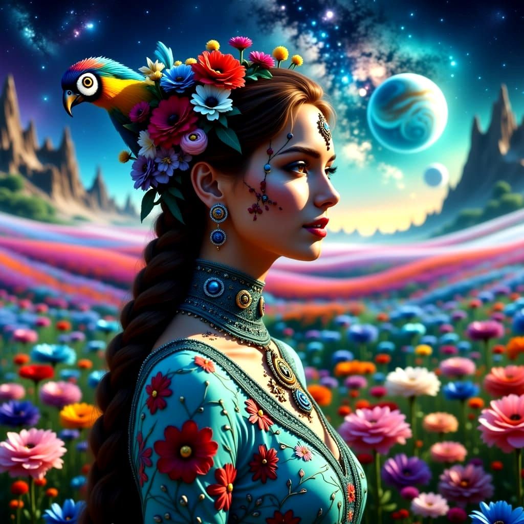 Serene Fantasy Maiden in Cosmic Flower Fields